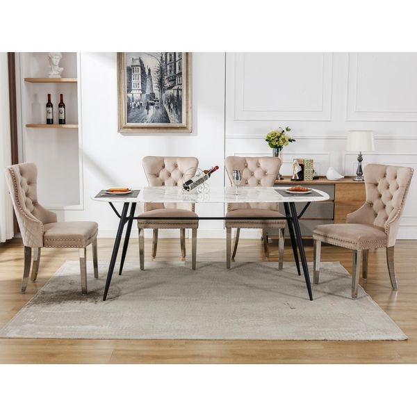 Sedia Da Pranzo Fortuna Lai (Sedia Da Cucina/Soggiorno Con Esclusivo Battente Sul Retro, 4 Pezzi), Sedia Imbottita Con Rivestimento In Chiodini, Gambe Di Supporto In Metallo, Rivestimento In Velluto, Beige-image