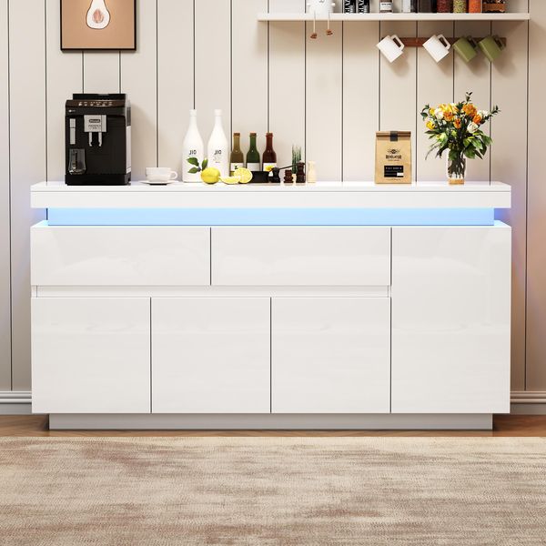 Fortuna Lai 140 X 35 X 72,5 Cm Mobile Da Soggiorno, Credenza, Buffet, Mobile Ausiliario Con 2 Cassetti, Cassettiera Lucida, Comò, Armadio Con 4 Ante, Mobile A Terra Con Led, Bianco-image