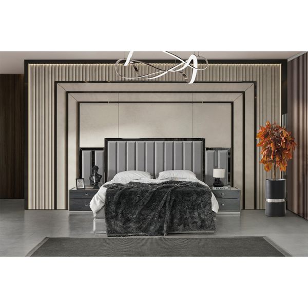 Elegante Set Da Camera Da Letto Grigio Lussuoso Letto Imbottito Comodini-image
