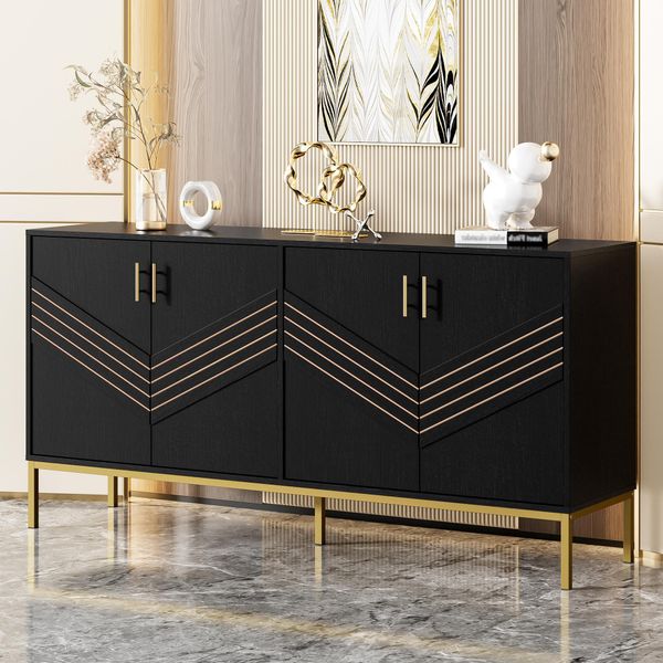 Fortuna Lai Credenza Moderna A 4 Ante – Design Elegante In Nero E Oro, Struttura In Mdf Con Gambe In Metallo, Ampia Capienza, Ripiani Regolabili In Altezza – Per Soggiorno, Sala Da Pranzo E Corridoio-image
