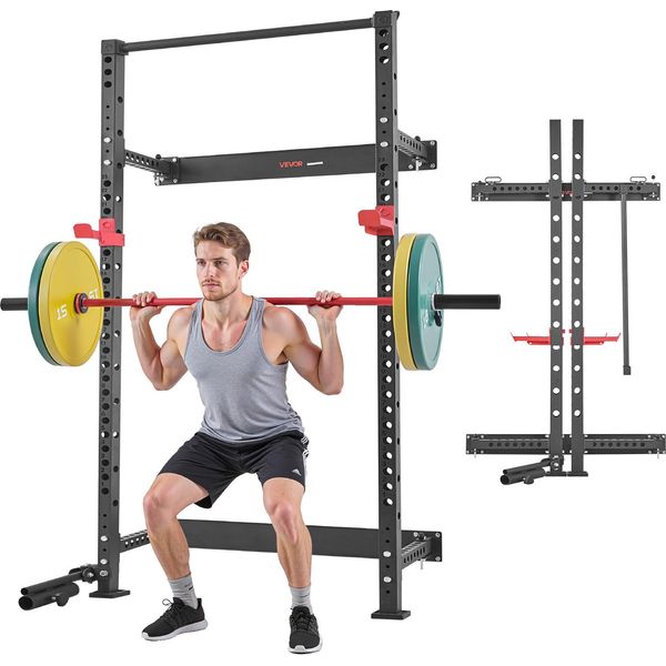 Vevor Power Cage Pieghevole Con Portata Massima Di 454 Kg, Power Rack A Parete, Attrezzo Multifunzionale Per L'allenamento Della Forza Con Attacco Per Mine Terrestri, Ganci A J Regolabili E Barra Per Trazioni Per Palestra Domestica-image