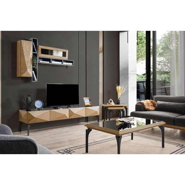 Elegante Set Da Salotto Tv Mobile Basso Beige Tavolini Da Caffè 4 Pezzi.-image