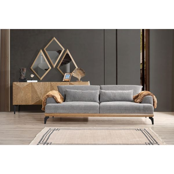 Elegante Divano Beige Di Design A 3 Posti, Consolle In Legno, Specchio-image
