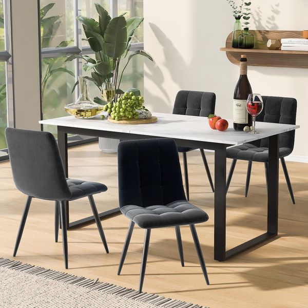 Set Da Pranzo Fortuna Lai (Set, Tavolo Da Pranzo 140/180×80×75 Cm Con 4 Sedie), Set Da Cucina Moderno, Sedie Da Pranzo In Velluto Grigio, Piano Del Tavolo In Mdf Bianco, Gambe Del Tavolo Nere-image