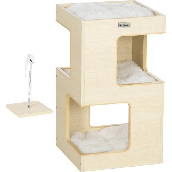 Fortuna Lai Cuccia Per Gatti, Grotta Per Gatti, 2 Livelli, Giocattoli Inclusi, 34 Cm X 34 Cm X 60 Cm, Naturale + Grigio Chiaro-image