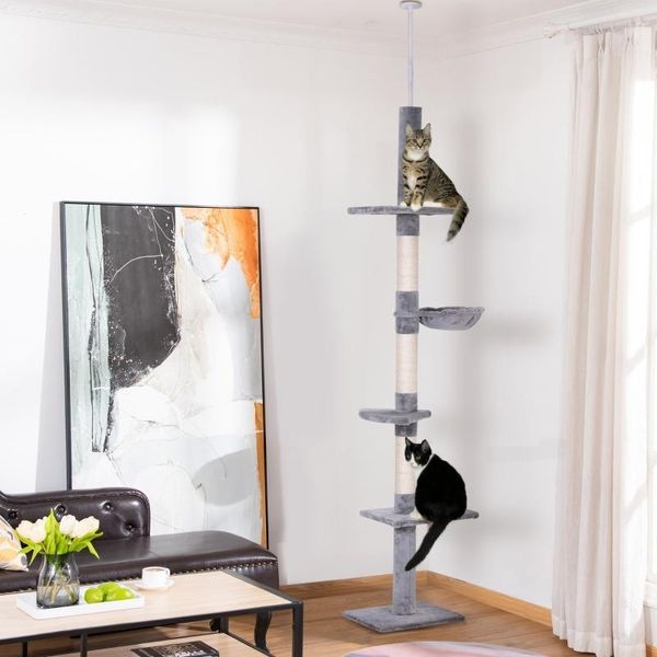 Fortuna Lai Tiragraffi Alto Fino Al Soffitto, Regolabile In Altezza, Stabile Tiragraffi Con Colonne In Sisal, Tiragraffi Per Gatti, Grigio, 40 X 34 X 230-260 Cm-image