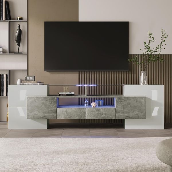 Fortuna Lai Elegante Mobile Tv, Lowboard. Bianco Lucido + Grigio, 200 Cm, Illuminazione A Led, Mobili Per Soggiorno. Design Moderno. Elegante Superficie In Vetro.-image