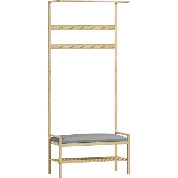 Fortuna Lai Appendiabiti Con Panca Porta Scarpe, Appendiabiti Con Ganci, Scaffale Per Scarpe, Guardaroba Con Cuscino, Appendiabiti Per Ingresso, Corridoio, Bambù, Naturale-image