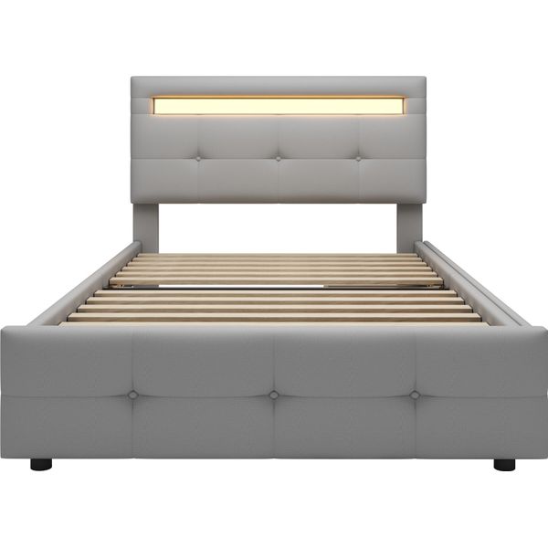 Letto Imbottito Fortuna Lai 90*200 Cm Con Luci Led, 2 Cassetti, Imbottitura In Lino Delicata Sulla Pelle, Letto Singolo Piatto, Letto Per Bambini, Letto Per Ragazzi, Letto Per Ospiti (Grigio)-image