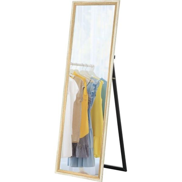 Specchio A Figura Intera Fortuna Lai, 162,6 X 53,5 Cm Specchio Con Supporto, Specchio Da Parete Per Soggiorno, Camera Da Letto, Spogliatoio Bianco+Legno Naturale-image