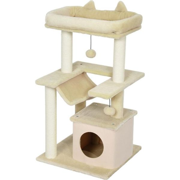 Fortuna Lai Tiragraffi Per Gatti, Tiragraffi Con Giocattoli, Sedile, Amaca, 48 X 48 X 90 Cm, Color Crema-image