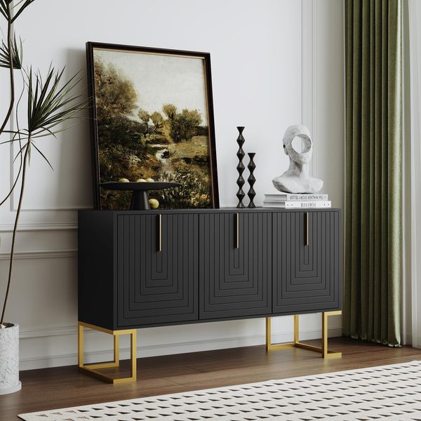 Fortuna Lai Moderno Sideboard A 3 Ante Con Ripiani Regolabili, Ante A Forma Di U E Maniglie In Metallo E Zoccolo Per Sala Da Pranzo E Cucina (Nero)-image