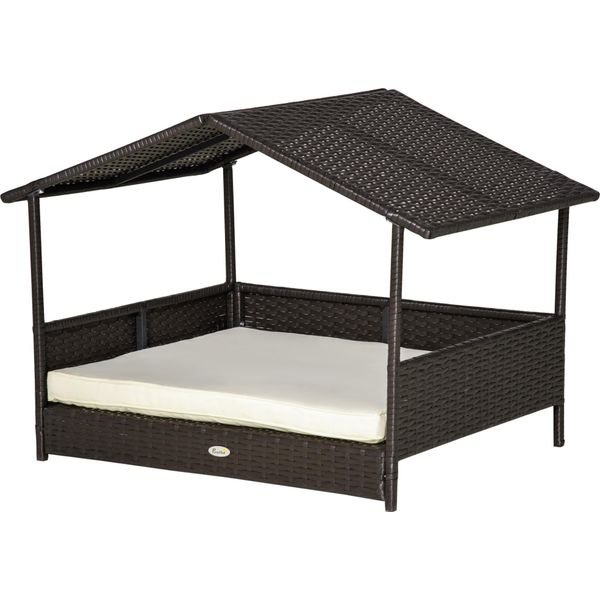 Fortuna Lai Cuccia Per Cani In Rattan Con Cuscino 98 X 69 X 73 Cm Cuccia Per Cani In Formato Casa Cuccia Per Cani Da Esterno Con Telaio In Acciaio Pp Marrone Caffè-image