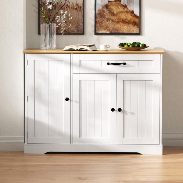 Fortuna Lai Credenza Moderna Ed Elegante Con 3 Ante E Un Cassetto, Mobile Da Buffet Per Sala Da Pranzo, Soggiorno E Ingresso (Bianco+Naturale)-image