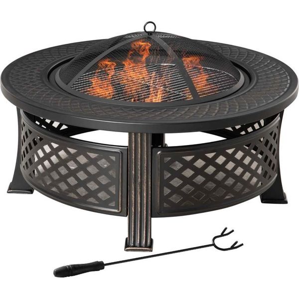 Fortuna Lai Braciere Con Attizzatoio Protezione Antiscintille Cesto Per Il Fuoco Tavolo Per Il Fuoco Rotondo Focolare Per Giardino Camping Bbq Acciaio Nero 81 X 81 X 50 Cm-image