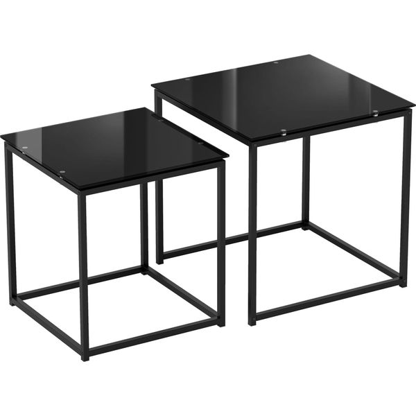 Fortuna Lai Set Di 2 Tavolini Set Di Tavolini Da Caffè Tavolino Con Piano In Vetro Tavolino Quadrato In Acciaio Nero Per Soggiorno-image