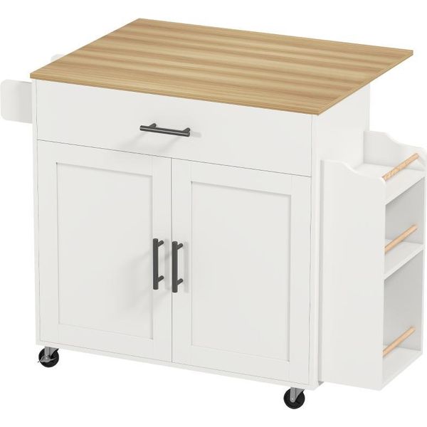 Fortuna Lai Isola Da Cucina, Carrello Da Cucina Su Ruote, Con Piano Di Lavoro Ribaltabile, Cassetto, Ripiano, 120 X 68 X 85 Cm, Bianco-image