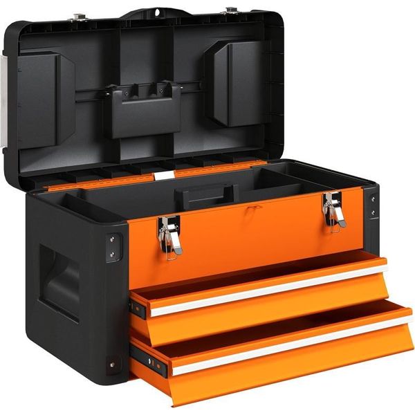 Fortuna Lai Cassetta Degli Attrezzi Vuota, 49,7 X 25,3 X 28,9 Cm Cassetta Degli Attrezzi Con Cassetto, Mini Box, Scomparto Superiore, Maniglia, Valigetta Portautensili In Acciaio, Arancione-image