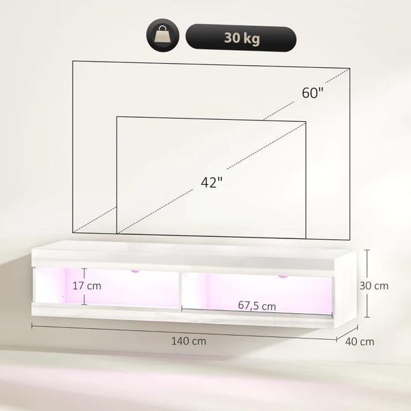 Fortuna Lai Mobile Tv, Mobile Tv Sospeso Con Illuminazione Led Rgb In 16 Colori, Supporto Tv Con Spazio Di Archiviazione Aperto, Per Televisori Da 55-60 Pollici, Per Soggiorno, Camera Da Letto, 140 X 40 X 30 Cm, Bianco Lucido-image