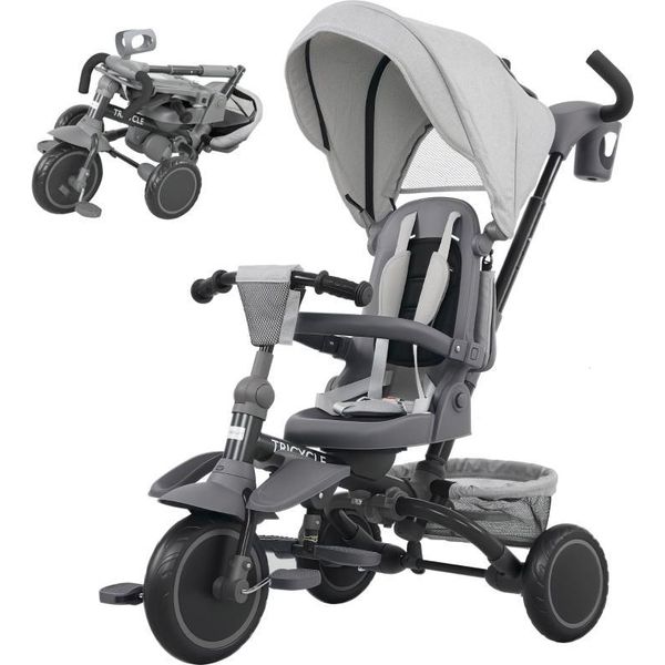 Fortuna Lai Triciclo Per Bambini, Passeggino 6 In 1 Per Neonati, Con Maniglione, Seduta Regolabile, Design Pieghevole, Rete Di Sicurezza, Grigio-image