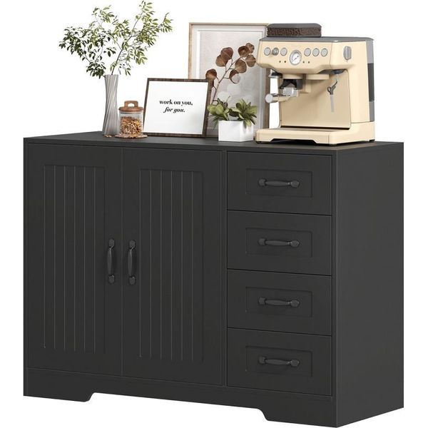Fortuna Lai Credenza, Cassettiera, Stile Moderno, 4 Cassetti, 1 Armadio, 105 X 40 X 76 Cm, Nero-image