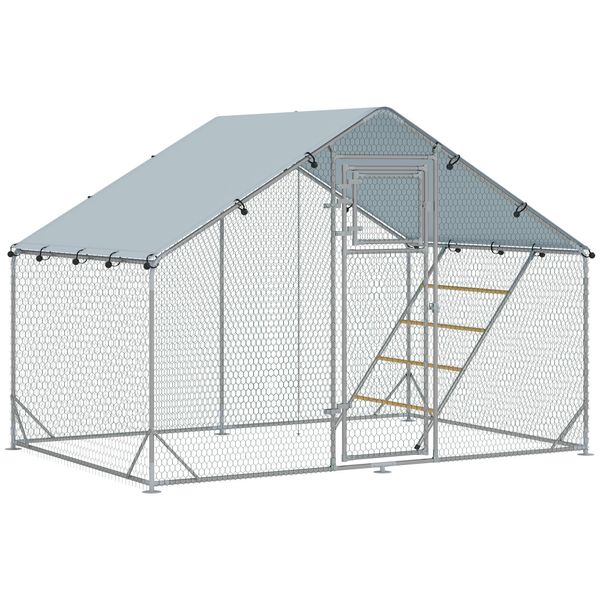 Fortuna Lai Pollaio Recinto All'aperto In Acciaio, 300 X 200 X 195 Cm Gabbia Per Polli Con Copertura Resistente Ai Raggi Uv, Sportello Per Il Mangime, Mangiatoia Sospesa, Posatoio, Recinto Per 6-8 Polli, Piccoli Animali, Argento-image