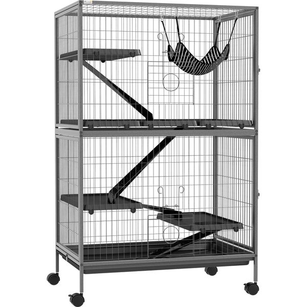 Gabbia Fortuna Lai Per Roditori Multifunzionale 4 Piattaforme 3 Rampe 4 Porte Dimensioni 80L X 52P X 128A Cm Acciaio Grigio Argento Nero-image