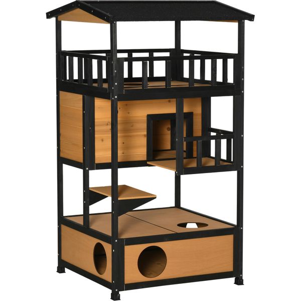 Fortuna Lai Casa Per Gatti In Legno Di Abete 4 Piani Con Scala, Tetto In Asfalto Resistente All'inverno, Giallo, 75,5X75X137 Cm, Ideale Per Esterni E Terrazze-image