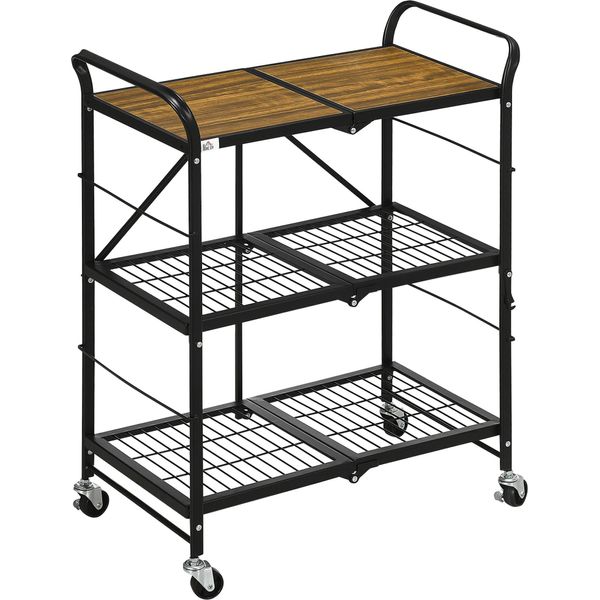 Carrello Fortuna Lai Carrello Da Cucina Pieghevole, Carrello Di Servizio A 3 Ripiani Con Maniglia, Su 4 Ruote, Acciaio, Marrone+Nero-image