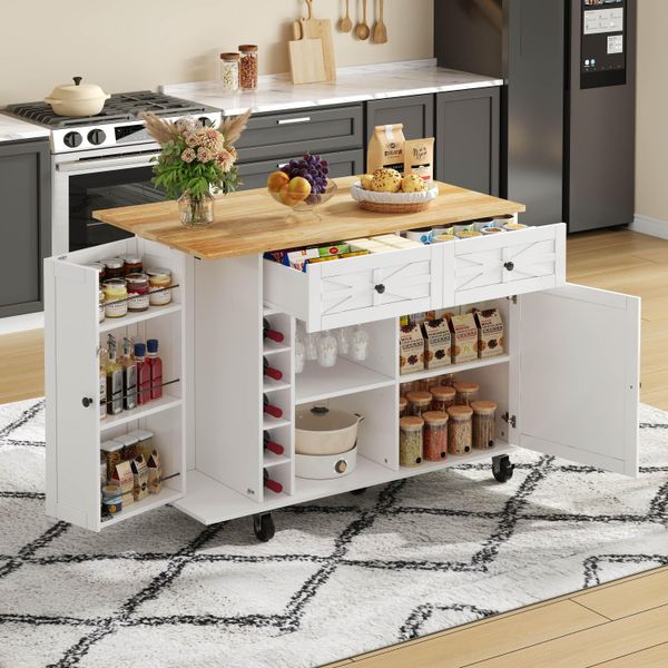 Isola Da Cucina Fortuna Lai Con Piano Di Lavoro Ribaltabile, Dotata Di 5 Rotelle Bloccabili, Ripiano Portaoggetti, Portabottiglie E Portabicchieri, Bianco, 120 X 45(70) X 89 Cm-image