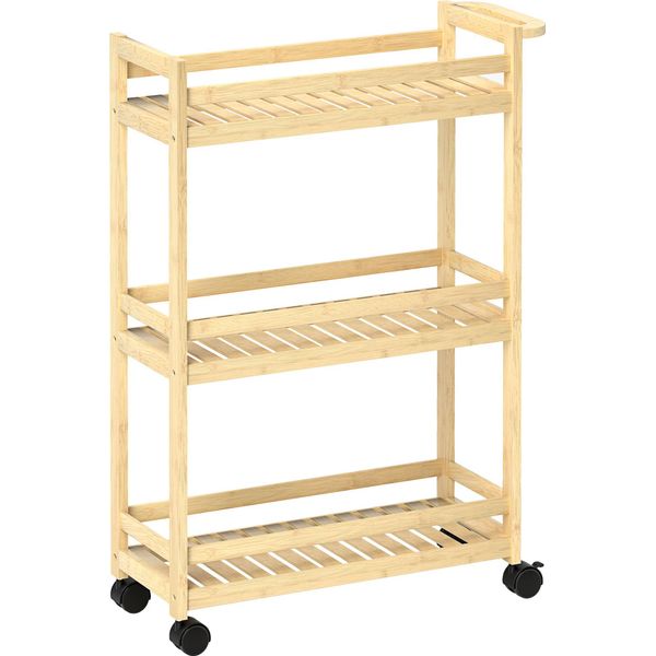 Fortuna Lai Carrello Di Servizio A 3 Ripiani In Bambù, Carrello Da Cucina Con Rotelle, Carrello Multiuso Con Maniglia, Carrello Portaoggetti Per Ufficio, Soggiorno, Cucina, 55 X 20 X 75 Cm, Legno Naturale-image