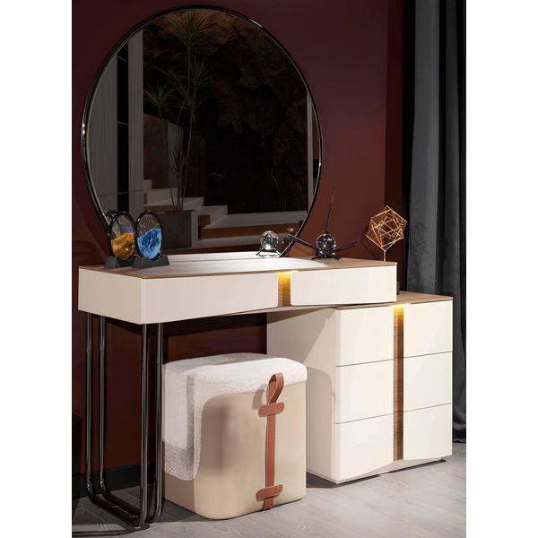 Moderno Tavolino Da Trucco Beige Specchio Di Design Elegante Sgabello Imbottito-image