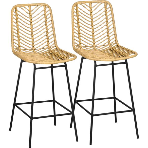 Fortuna Lai Set Di 2 Sgabelli Da Bar Con Schienale Sedie Da Bar In Stile Boho, Rattan Pe, Poggiapiedi Incluso, 42,5 Cm X 52 Cm X 102 Cm, Giallo + Nero-image