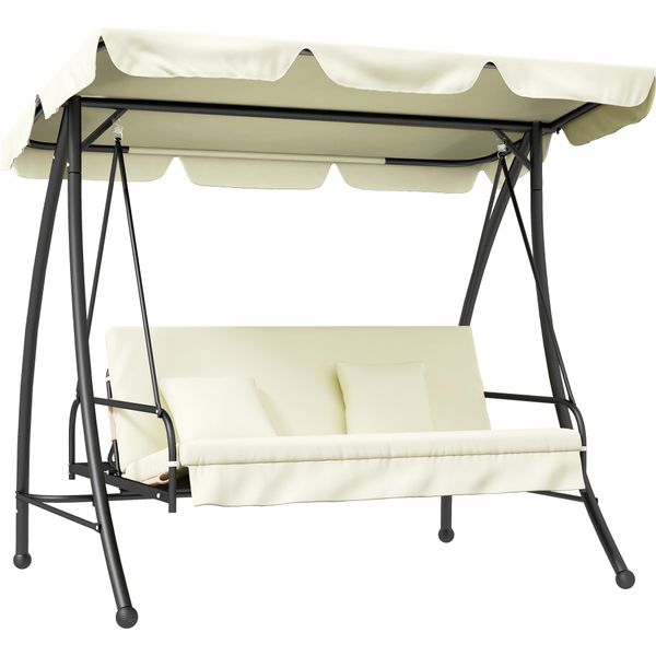 Fortuna Lai 2 In 1 Altalena Hollywoodiana Con Funzione Reclinabile Altalena Da Giardino A 3 Posti Con Tettuccio Parasole Regolabile, Panca Altalena Con Portata Fino A 240 Kg, Lettino Da Giardino Per Giardino, Terrazza, 200X125X170 Cm, Bianco Crema-image