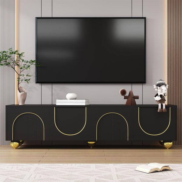 Mobile Tv Fortuna Lai, Mobile Basso Con Ante Strutturate, Decorazioni Dorate, Gambe Rotonde Dorate, Ripiani Inclusi, Apertura Push-To-Open-image