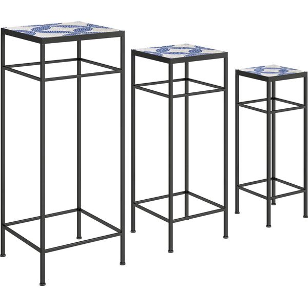 Fortuna Lai Set Di 3 Supporti Per Piante, Alti 71 Cm Supporti Per Fiori Da Interno, Scaffale Per Piante In Metallo, 3 Scaffali Per Fiori Di Diverse Dimensioni, Sgabello Per Fiori, Supporto Per Vasi Da Fiori Per Soggiorno, Giardino, Balcone Blu+Bianco-image