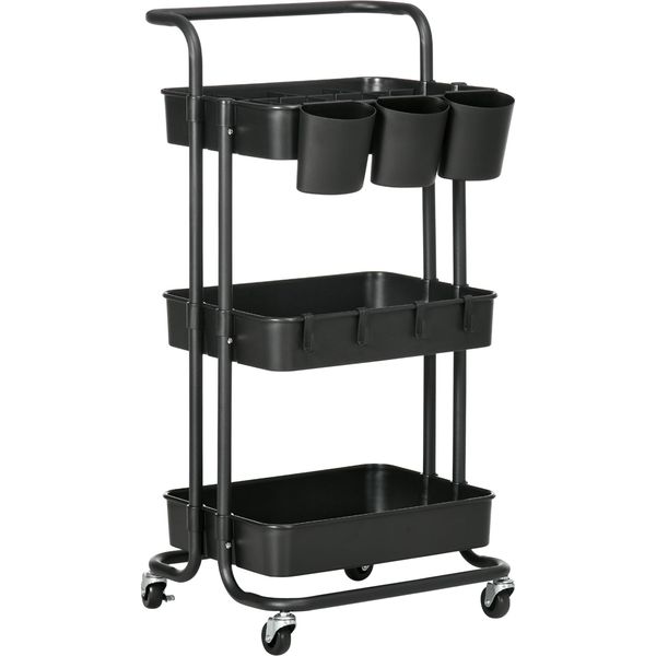 Fortuna Lai Carrello Di Servizio Carrello Con 3 Ripiani, Cestelli Portaoggetti, Carrello Da Cucina Con Ganci, Carrello Portaoggetti, Carrello Ausiliario Per Cucina, Soggiorno, Acciaio, Nero-image