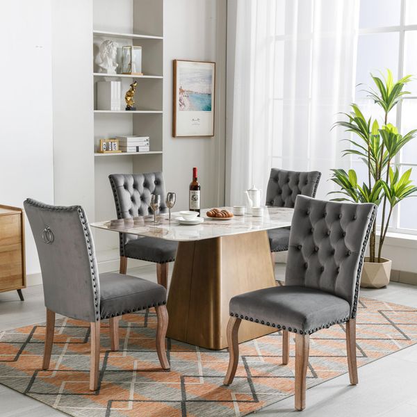 Sedia Da Pranzo Fortuna Lai (Sedia Da Cucina/Soggiorno Con Esclusivo Battente Sul Retro, 4 Pezzi), Sedia Imbottita Con Rivestimento Con Borchie, Gambe In Legno Massello, Rivestimento In Velluto, Grigio-image