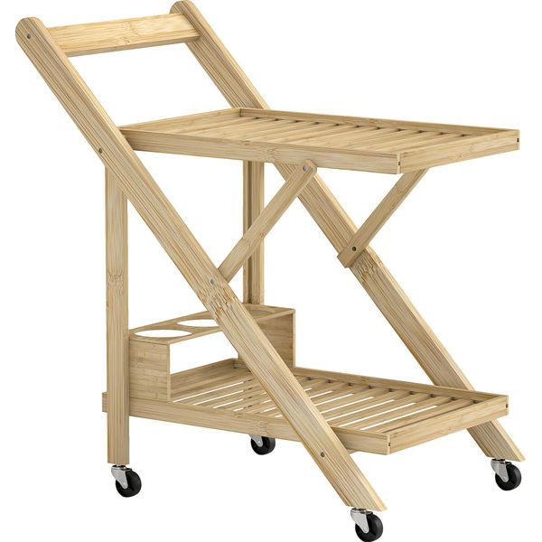 Carrello Da Cucina Fortuna Lai Carrello Di Servizio Con Portabottiglie, Piano Di Lavoro, 2 Ripiani, Carrello Con Rotelle Per Ufficio, Cucina, Soggiorno, 66 X 40 X 70 Cm, Bambù, Naturale-image