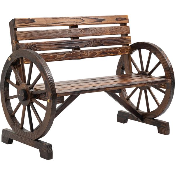 Panchina Da Giardino Fortuna Lai A 2 Posti Panchina In Legno Con Braccioli A Forma Di Ruota Di Carro In Stile Rustico, Legno Di Abete, Marrone, 105,5X56X79 Cm-image