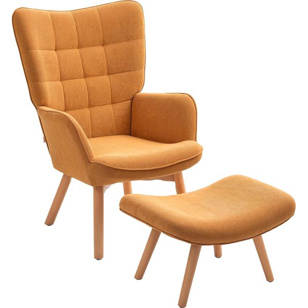 Poltrona Fortuna Lai Con Poggiapiedi, Poltrona Con Schienale Alto, Gambe In Legno, Poltrona Lounge Con Design Trapuntato, Effetto Corda, Per Soggiorno, Marrone-image