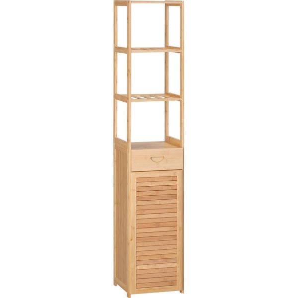 Armadio Da Bagno Fortuna Lai, Armadio Da Bagno In Bambù, Mobile Da Bagno Con Cassetto, Tre Ripiani, Scomparto Aperto, Per Bagno, 32 X 30 X 163 Cm, Legno Naturale-image