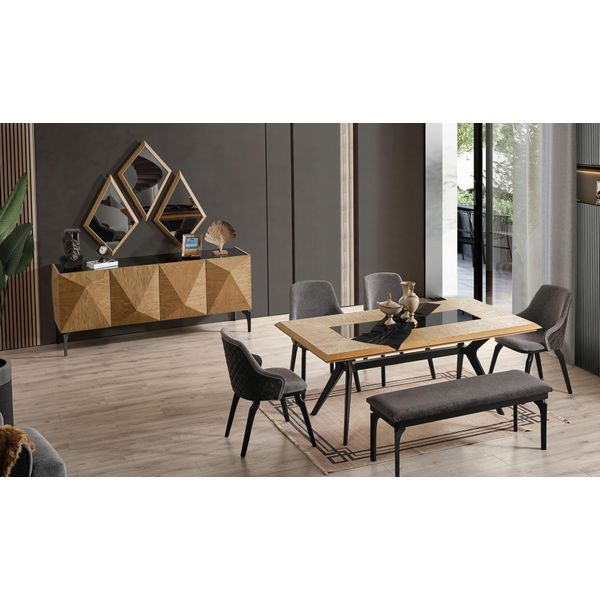 Elegante Set Di Mobili Tavolo In Legno Di Design 4 Sedie Imbottite Panca Consolle-image
