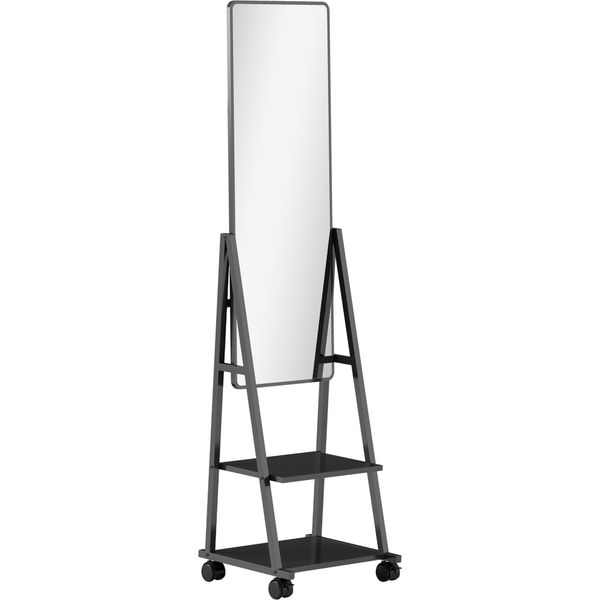 Specchio A Figura Intera Fortuna Lai, Specchio Da Terra 42 X 155 Cm Con Ripiano, Specchio Da Terra Con Rotelle, Specchio Da Pavimento Per Camera Da Letto, Soggiorno, Nero-image
