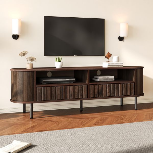 Fortuna Lai 160*40*48 Cm Mobile Tv, Mobile Basso Con 2 Armadietti, Mobile Da Soggiorno Con 2 Cassetti, Mobile Tv Color Noce, Mdf, Tavolino Tv, Mobile Tv Con 5 Gambe Di Supporto, Adatto Per Televisori Da 65 Pollici-image