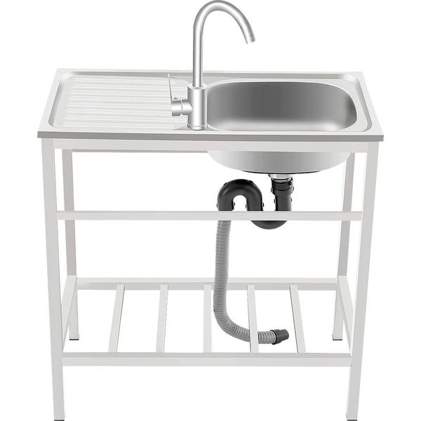 Lavello Da Cucina - Indipendente Con Vasca Singola - Piano Di Lavoro E Ripiano Inferiore - Rubinetto Girevole A 360° - Acciaio Inossidabile - Dimensioni 75×40×75 Cm - Argento-image