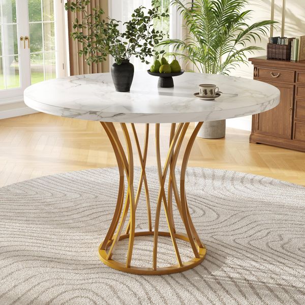 Tavolo Da Pranzo Rotondo Fortuna Lai (80 X 80 X 76 Cm), Tavolo Rotondo Leggero E Lussuoso Per 4-6 Persone, Adatto Per Sala Da Pranzo E Soggiorno, Piano In Mdf Marmorizzato, Gambe Dorate-image