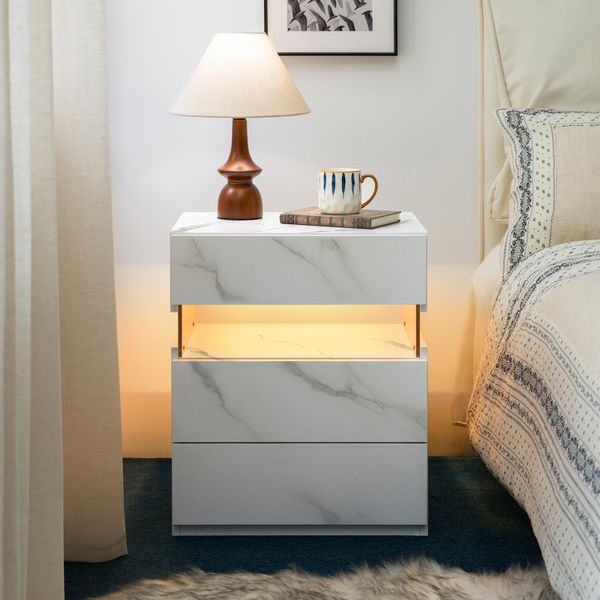 Fortuna Lai Comò Led A 3 Cassetti Per Camera Da Letto Tavolino Con Ripiano In Acrilico Comodini Led Per Camera Da Letto Soggiorno Mobili Da Comodino (Pietra Bianca)-image