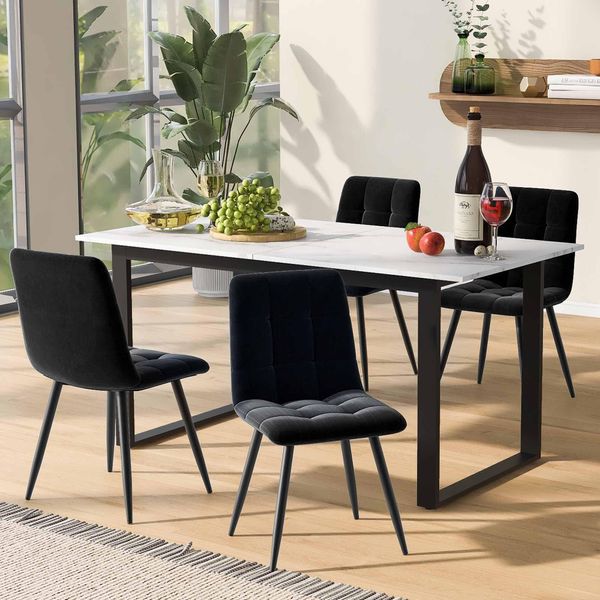 Set Da Pranzo Fortuna Lai (Set, Tavolo Da Pranzo 140/180×80×75 Cm Con 4 Sedie), Set Da Cucina Moderno, Sedie Da Pranzo In Velluto Nero, Piano Del Tavolo In Mdf Bianco, Gambe Del Tavolo Nere-image