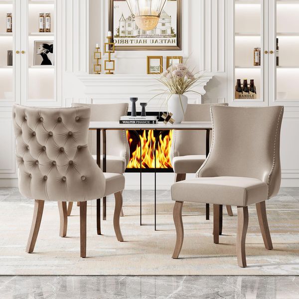 Sedia Da Pranzo Fortuna Lai (Sedia Da Salotto Con Esclusiva Trapuntatura A Bottoni Sullo Schienale, 4 Pezzi), Sedia Imbottita Con Rivestimento In Velluto E Borchie, Gambe Curve In Legno Massello, Beige (2024.1.4 Cambio Gambe!!)-image